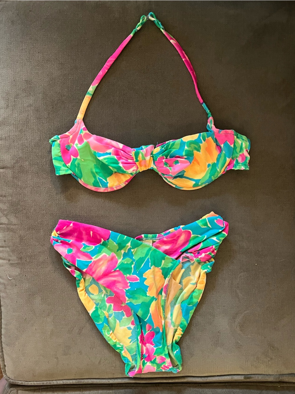 💥 RARE Vintage C&C CALIFORNIA Neon Tropical Floral Bikini Set Y2K 2000s - EUC
